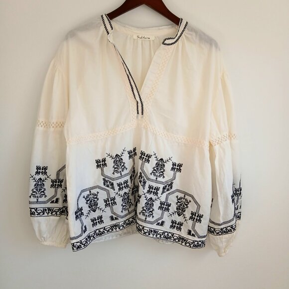 Solitaire by Ravi- Boho Chic Blouse Shirt- Size Medium- White/Black- 100% Cotton - Picture 3 of 10